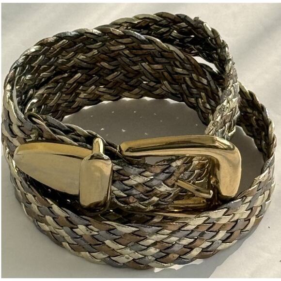 Tri-Color Small Gold Silver Bronze Metallic Braided /Woven Belt Gold Tone Buckle - Picture 2 of 9